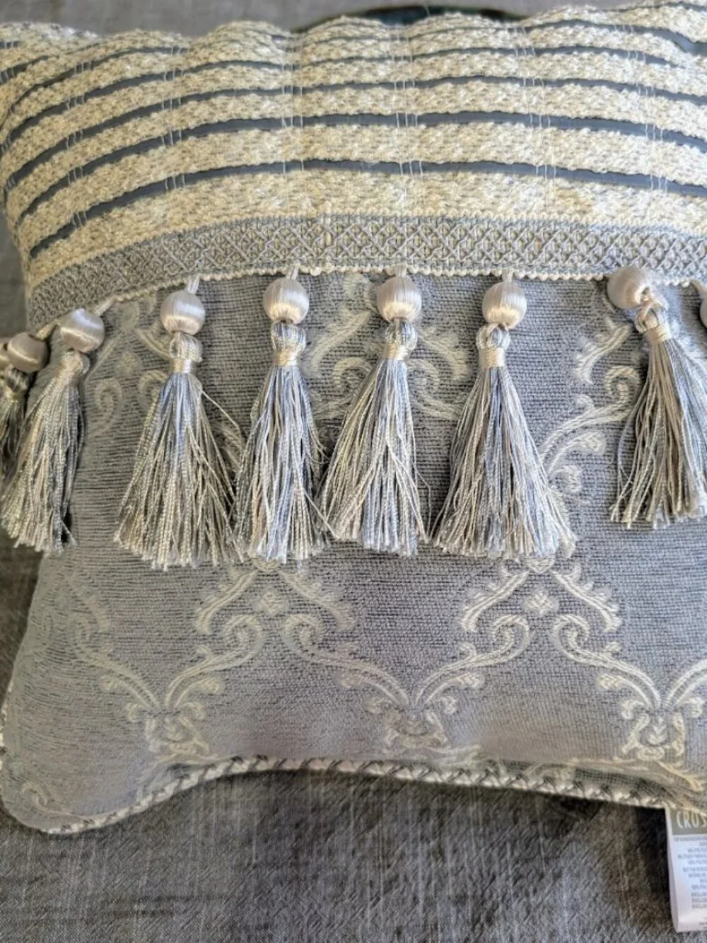 Set of TWO Croscill gray damask fringed cushion decorative pillows